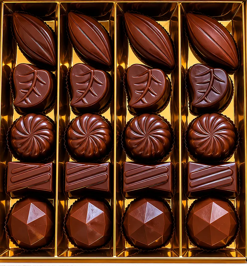 Coffret de bonbons de chocolat moulés : fèves, feuilles, rosaces et pyramides